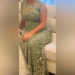 Mac Duggal Olive Beaded Fringe Maxi Gown